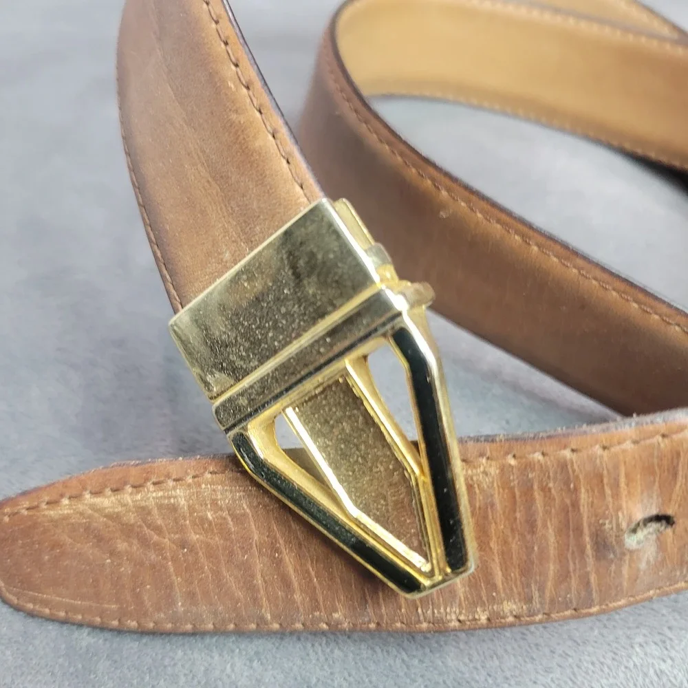 Vintage Tan Italian Leather Belt Geometric‎ Gold Tone Buckle Made in Italy 38